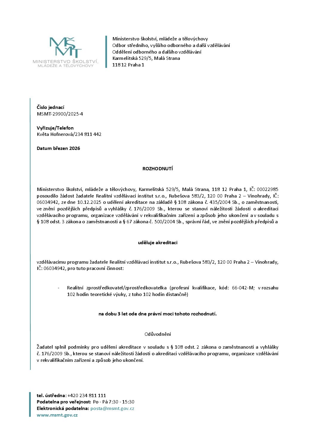Akreditace MŠMT online kurzu Realitní zprostředkovatel
