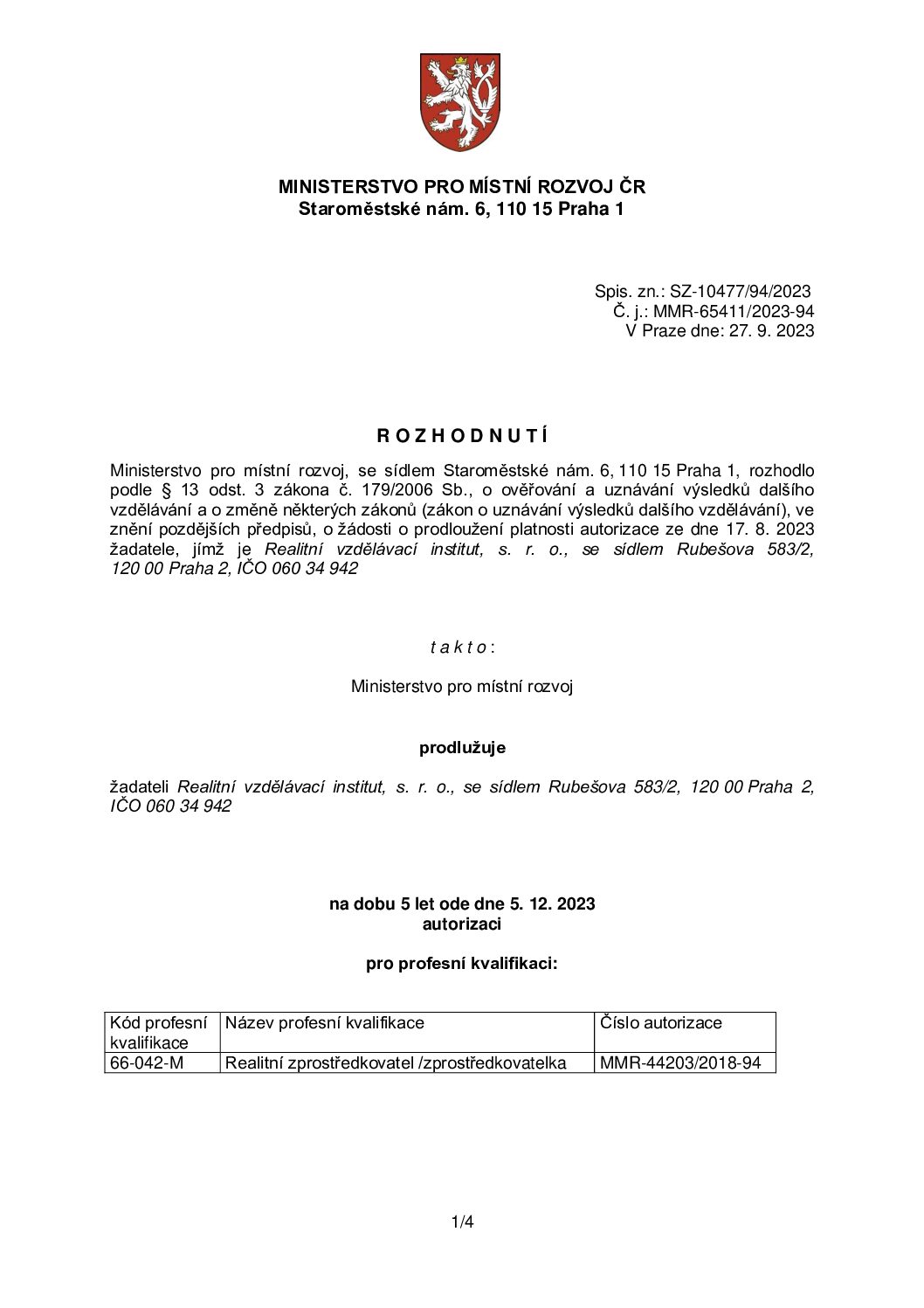 Autorizace Ministerstva pro místní rozvoj ke zkoušce